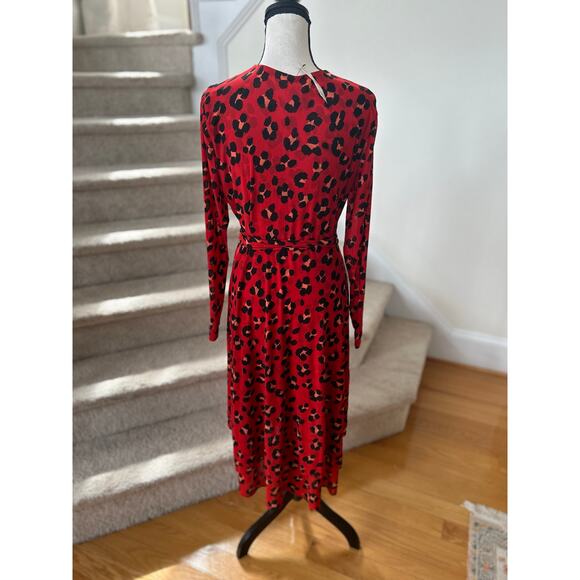 NWT Cabi Siren Wrap Dress Red Leopard Print Midi Long Sleeve - Picture 4 of 8